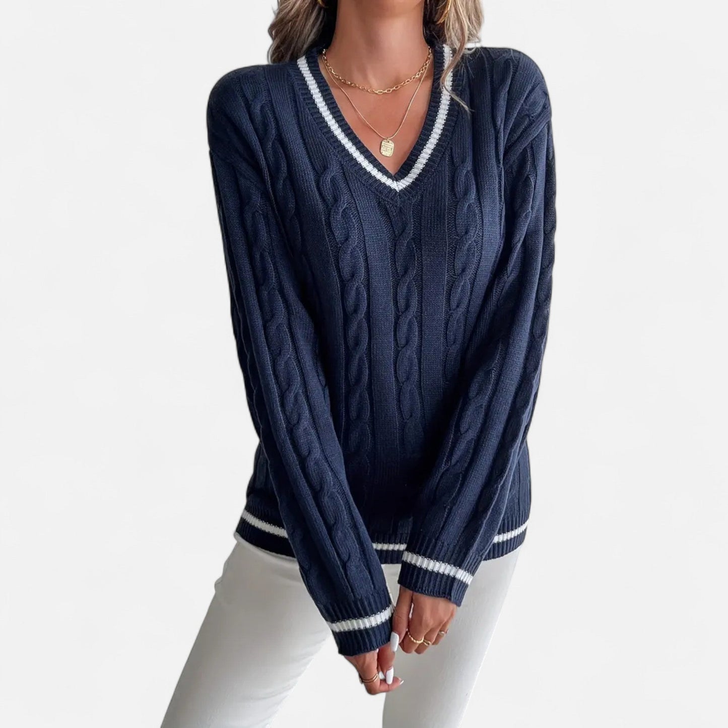 Velour Boutique | Women's Cable Knit Sweater V-Neck Elegance