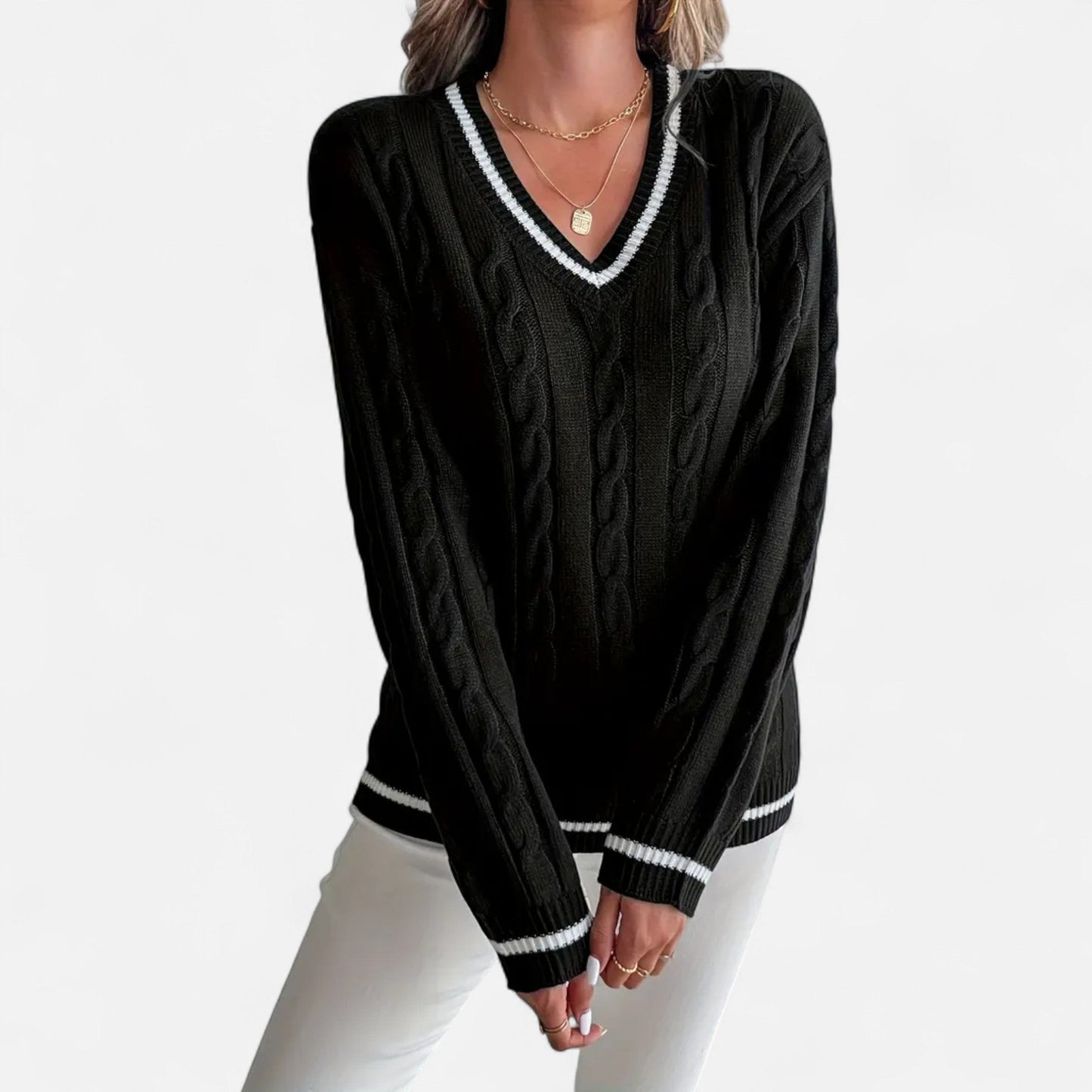 Velour Boutique | Women's Cable Knit Sweater V-Neck Elegance