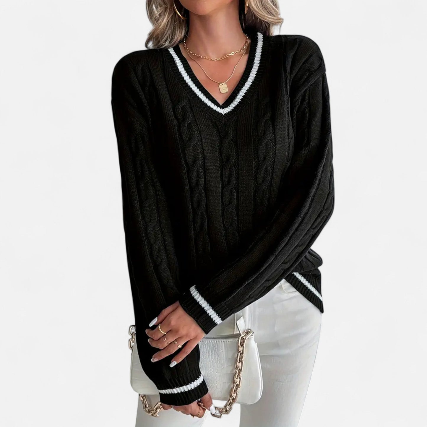 Velour Boutique | Women's Cable Knit Sweater V-Neck Elegance